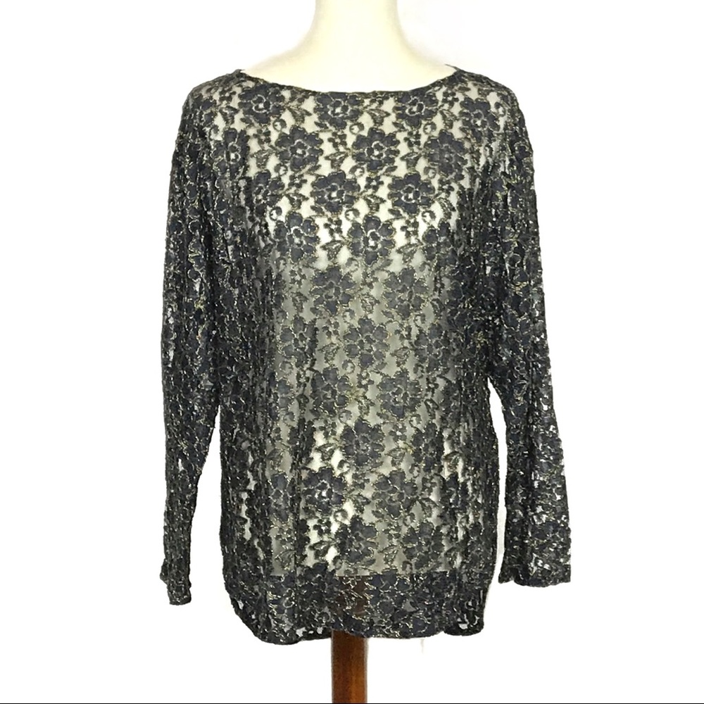Vintage Halston III Sheer Black Gold Metallic Top